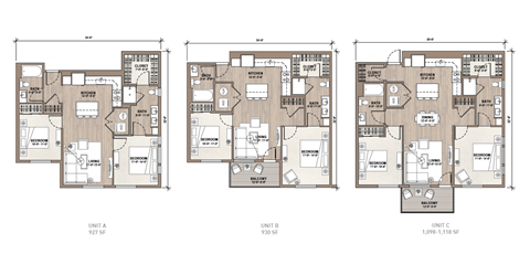 Three floor plans for units A, B, and C are shown.